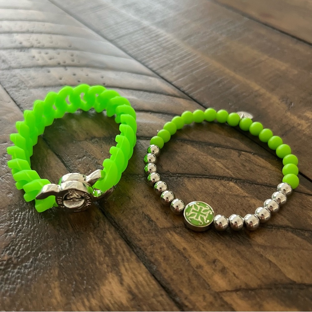 Rustic Cuff Lime Neon Green Silver Rubber Chain Bracelet Set (2)